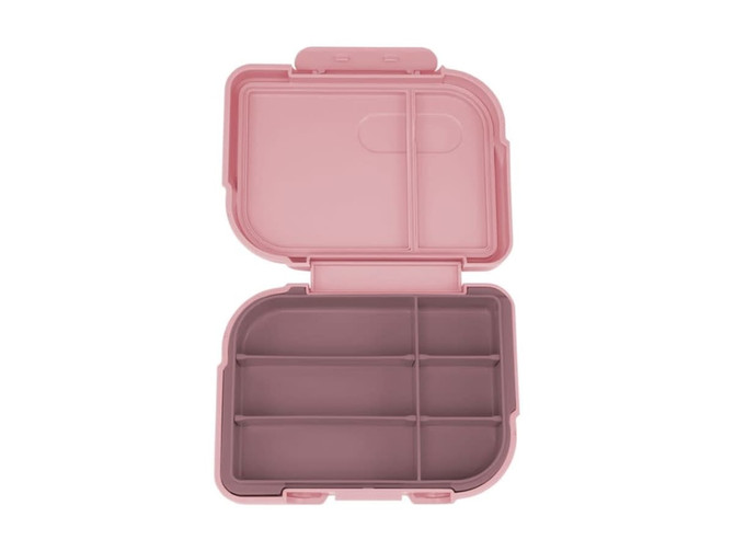 A pink bento box with multiple compartments, featuring a secure closure and an inner divider.