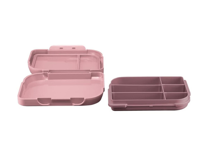A medium pink bento box with divided compartments and a removable lid, featuring a simple design and a logo.