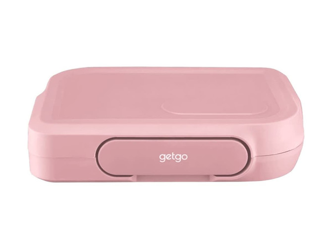 A pink Bento Box with a secure lid, featuring a branding logo on the front.