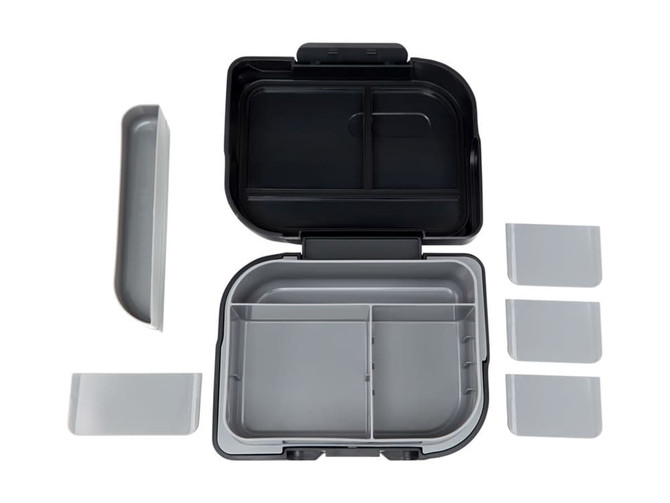 A large black bento box with a grey interior, featuring removable compartments and a separate lid.
