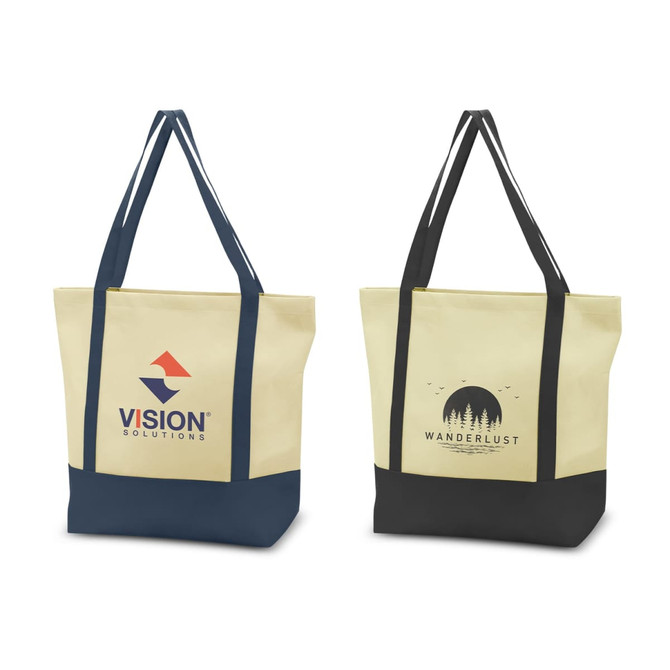 A beige tote bag with navy and black accents, featuring two different logo designs on each side.