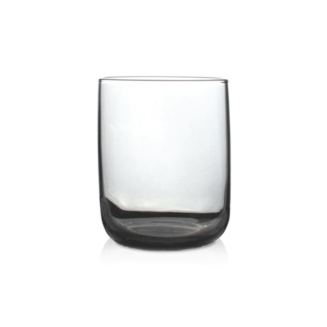 A glass tumbler with a sleek, cylindrical design in a smoky grey colour, featuring a smooth finish and an elegant silhouette.