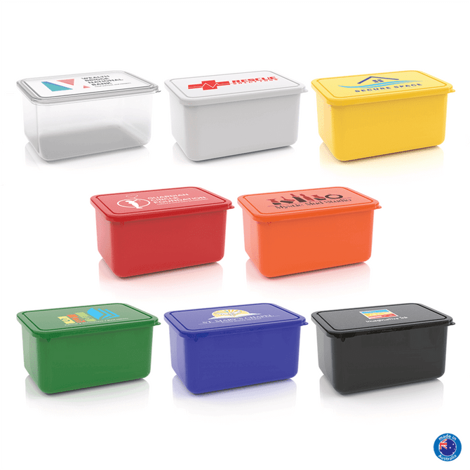 A collection of eight rectangular lunch boxes in various colours, including yellow, red, orange, green, black, and clear, featuring different logos.