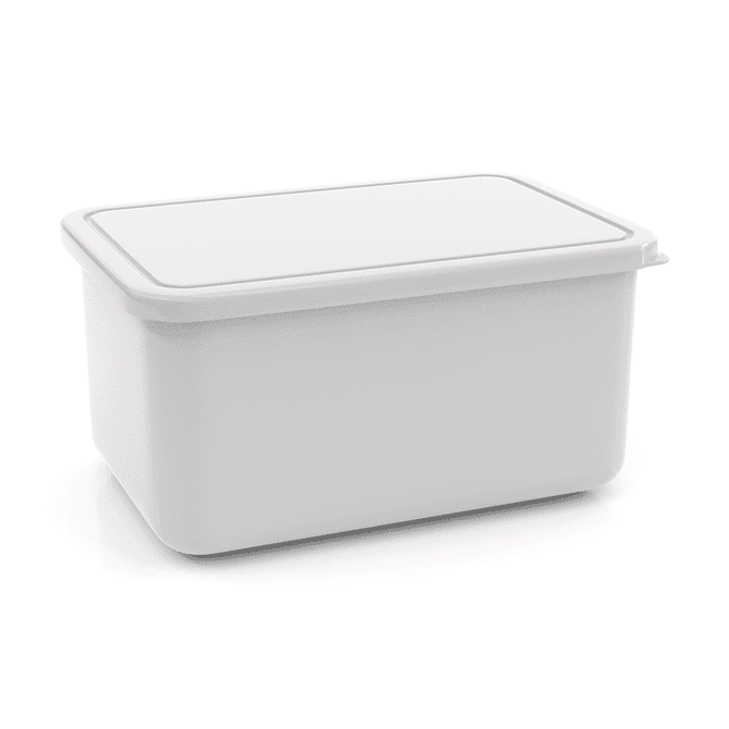 A large white lunch box with a flat lid, featuring a smooth, shiny finish and a simple design.
