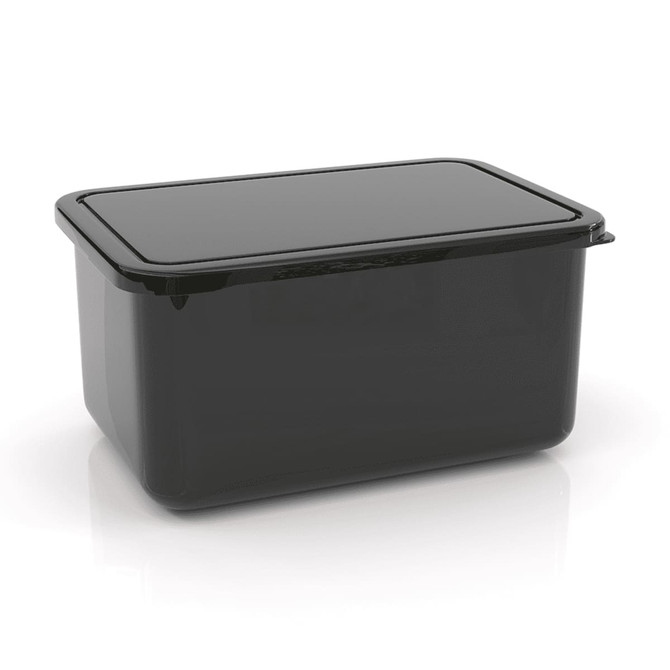 A large black lunch box with a transparent lid, featuring a simple rectangular design and smooth edges.