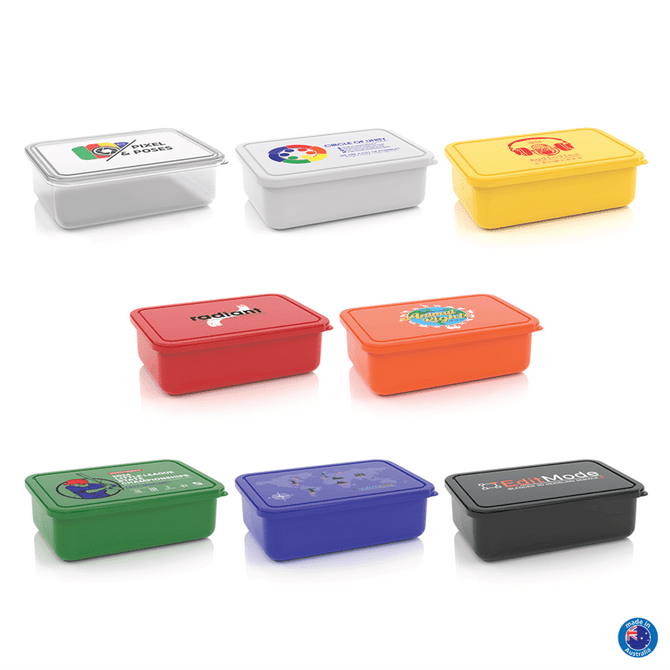 Eight rectangular lunch boxes in various colours: red, green, yellow, white, grey, orange, and blue, with logos.