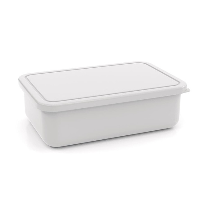 A small white lunch box container with a flat lid and rounded edges. It has a simple design and includes a branding logo.
