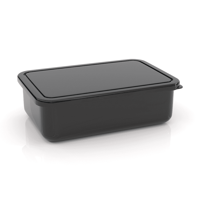 A small black lunch box with a rectangular shape and a matching lid, featuring a simple design and a logo.