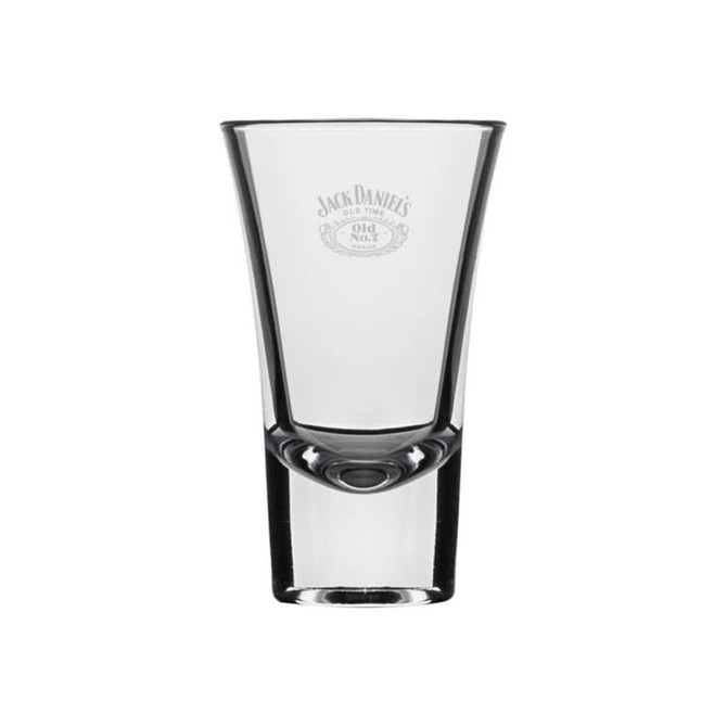 A shot glass in clear glass with a distinct shape and a logo etched on the front.