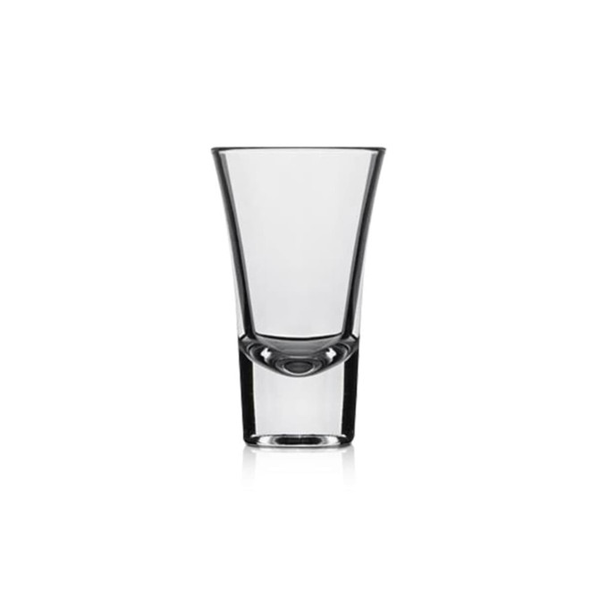 A clear glass shot glass with a tapered design, featuring a logo on the side.