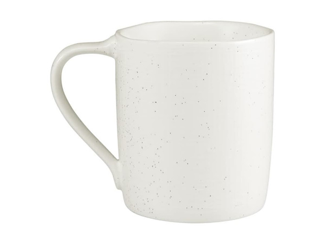 A speckled white coffee mug with a sturdy handle and a square-shaped top.