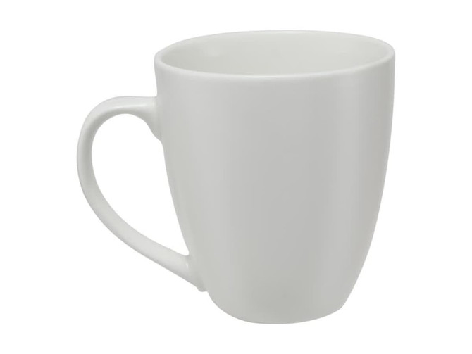 A white coupe mug with a smooth finish and a simple handle, designed for serving beverages.