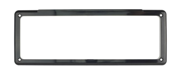 A black license plate frame with rounded edges and mounting holes on each corner. It has no visible logos or text.