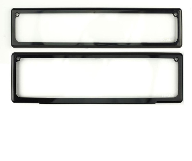 A pair of black license plate frames with a sleek, rectangular design and rounded edges.