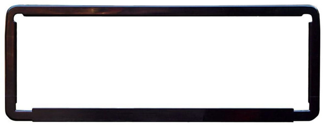A black product frame with cut-out sections, featuring a logo. It has a sleek, minimalist design.