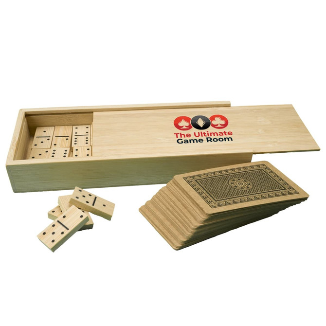 A wooden game box containing a set of dominoes and playing cards, branded with "The Ultimate Game Room."