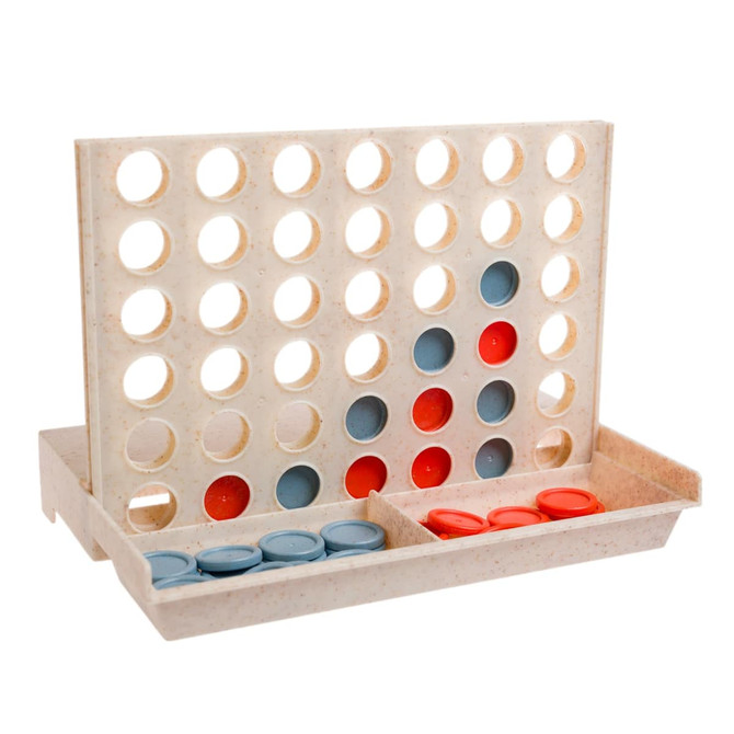A wheat straw Connect Four game featuring a beige board with red and blue discs in play. Includes a storage tray.