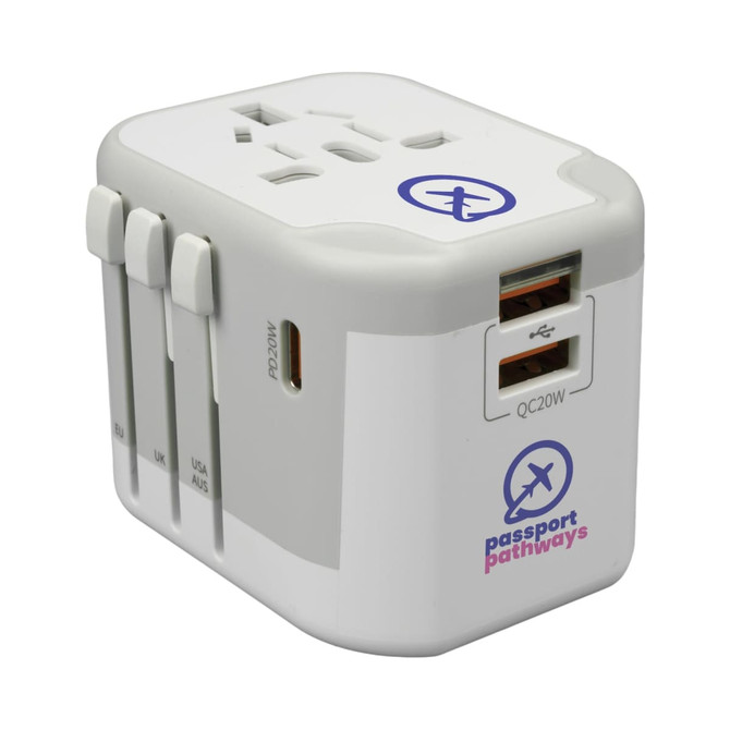 A travel adaptor in white and grey, featuring multiple plug options and USB ports. It includes a logo on the side.