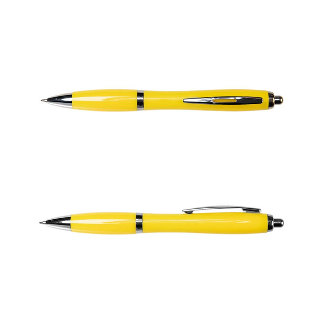 A metal pen in vibrant yellow with black accents, featuring a shiny finish and a clip for attachment.