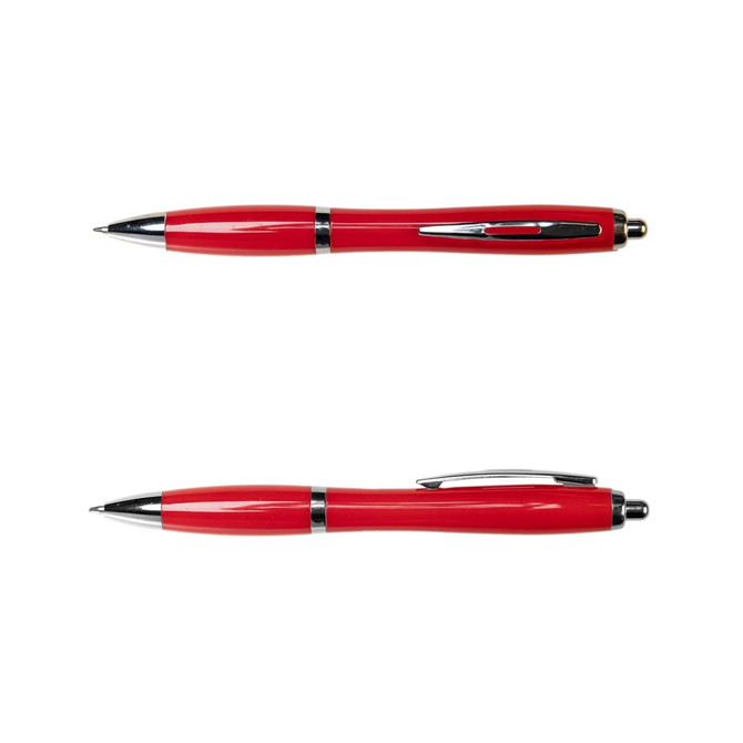 A metal pen in vibrant red with silver accents, featuring a sleek design and a clip for easy attachment.