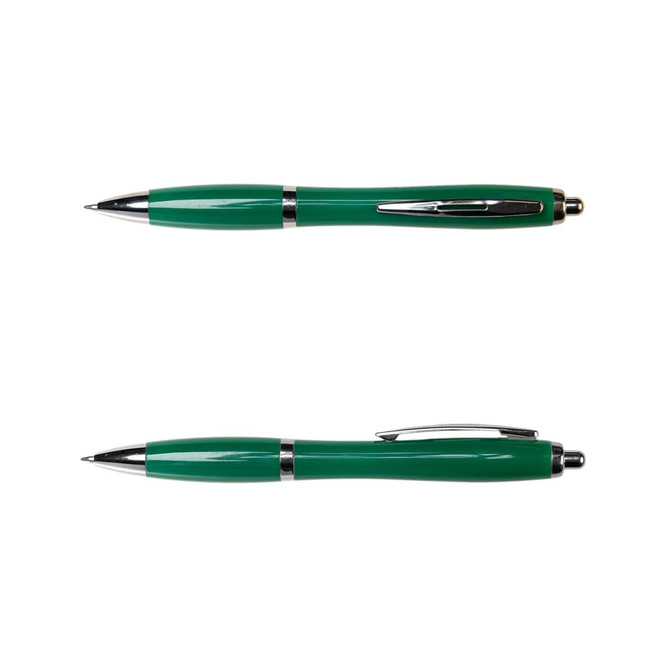 A green metal pen with a sleek design and chrome accents, featuring a clip and a pointed tip.