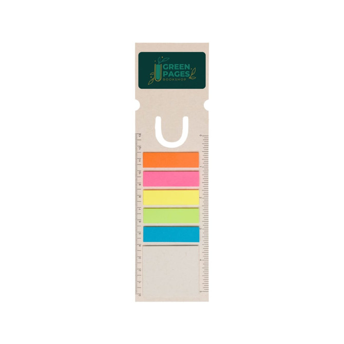 A rectangular bookmark with a ruler, featuring five colourful sticky tabs in pink, yellow, green, and blue, and a logo.