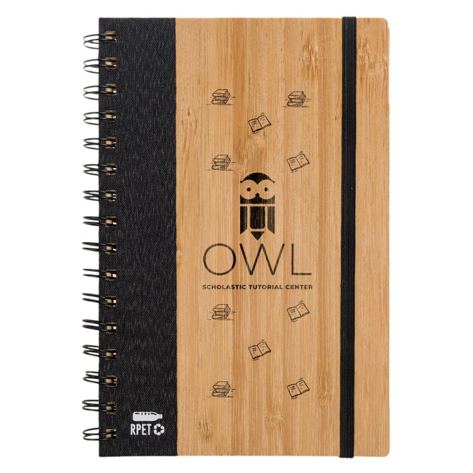 A bamboo A5 notebook featuring a black cover and spiral binding, with a logo and simple illustrations.