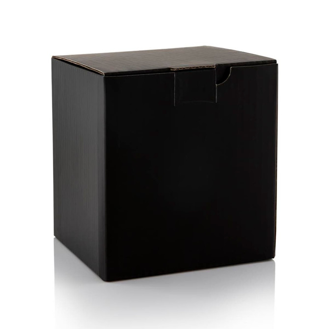 A black cardboard box with a top flap closure, featuring a textured surface.