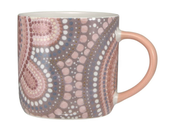 A coffee mug featuring a decorative pattern in pink, grey, and white tones, with a peach handle and a logo.