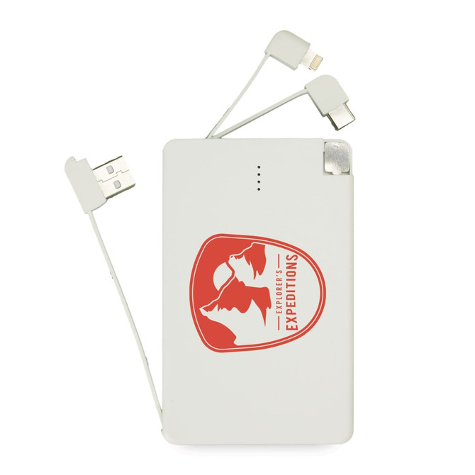 A white power bank with integrated charging cables and a logo on the front.