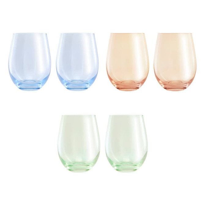 A set of two stemless wine glasses in blue, peach, and green hues, presented in a gift box.