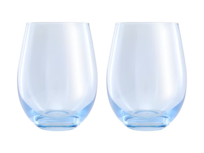 A set of two clear stemless wine glasses with a smooth blue base, elegantly gift boxed.