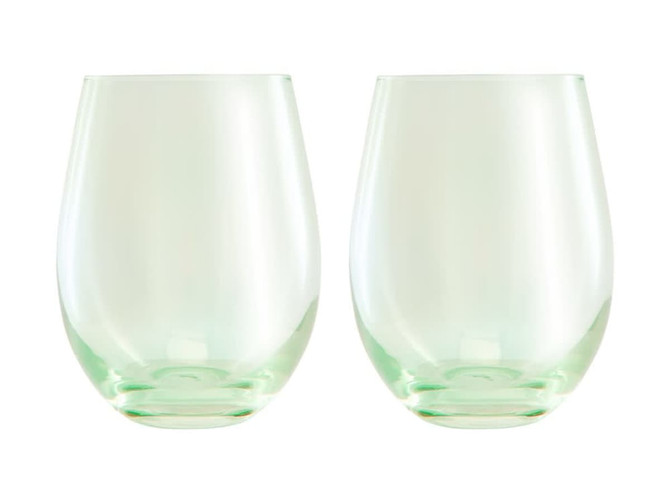 A set of two stemless wine glasses with a sleek, clear design, featured in a gift box.