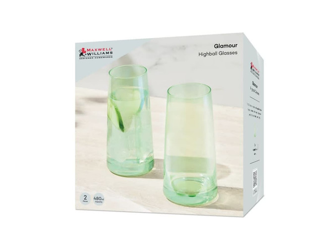 A set of two green highball glasses, 480ml each, packaged in a gift box.