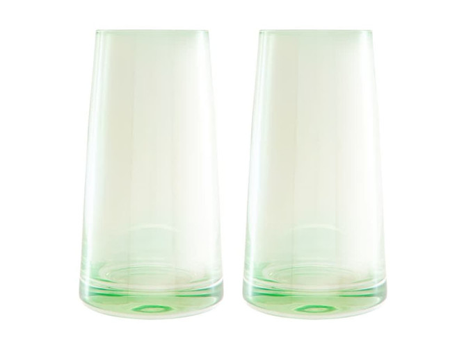 A set of two highball glasses in a light green hue, presented in a gift box.