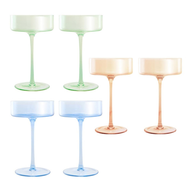A set of six cocktail glasses in pastel colours: green, blue, and peach, packaged in a gift box.