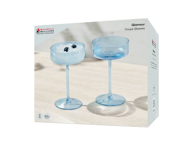 A set of two blue coupe glasses in a gift box, featuring a sleek design and elegant shapes.