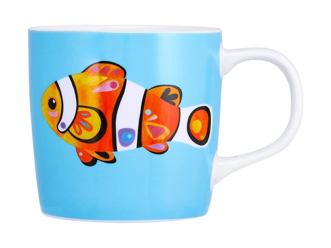 A coffee mug featuring a colourful fish design on a light blue background, with a white handle.