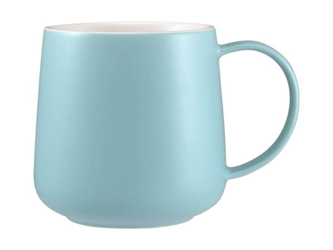 A turquoise ceramic mug with a smooth matte finish and a curved handle. It has a plain white interior.
