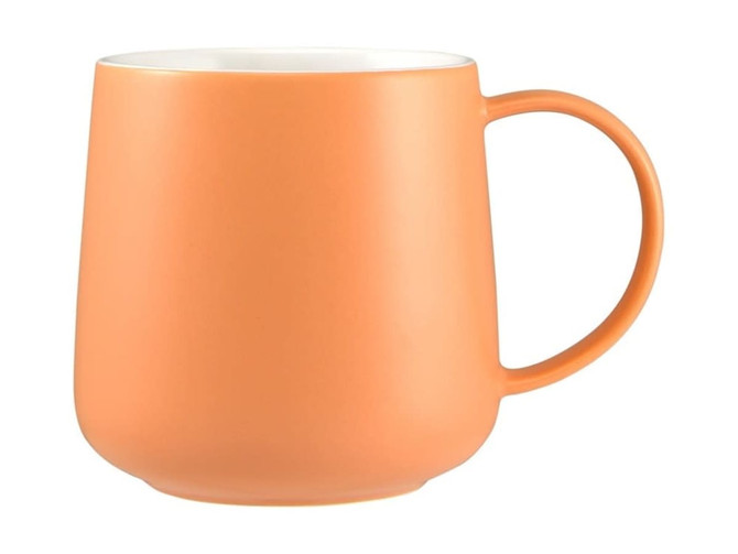 A coffee mug in a soft orange hue with a smooth, rounded shape and a single handle, featuring a logo.