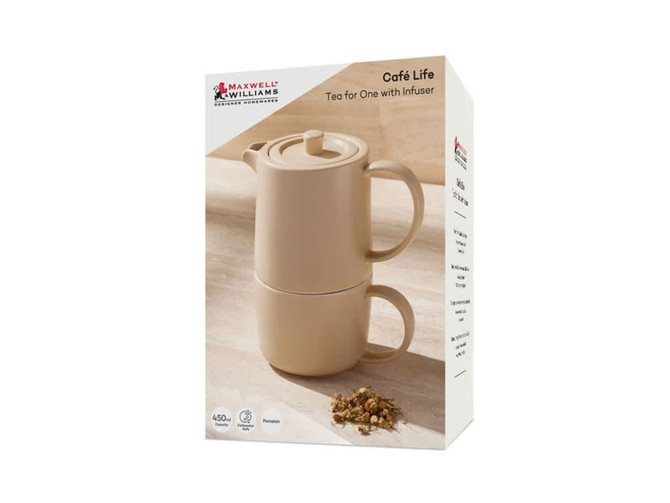 A beige tea set with an infuser, packaged in a gift box, designed for one person. Includes a teapot and cup.