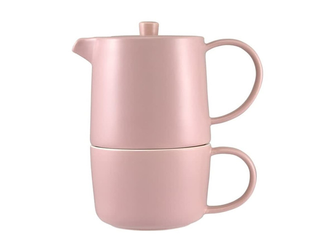 A stacked pink tea pot and cup set in a smooth finish, presented in a gift box. Suitable for tea lovers.