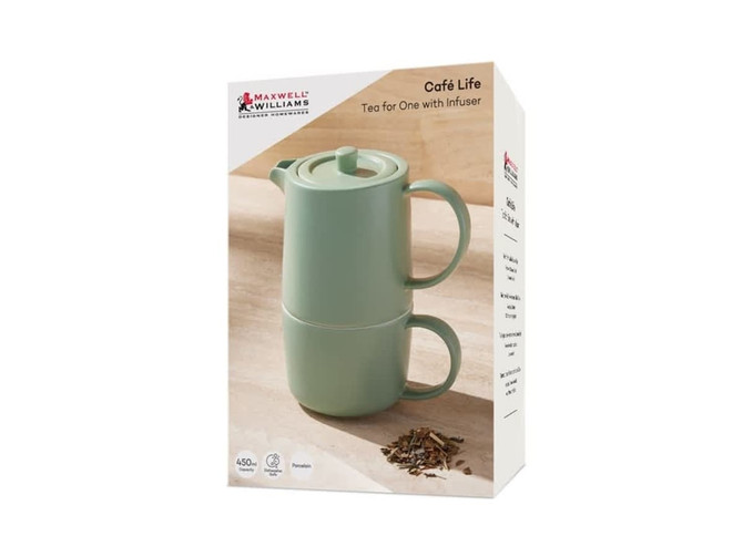 A tea set in soft green, featuring a teapot and infuser, packaged in a gift box.