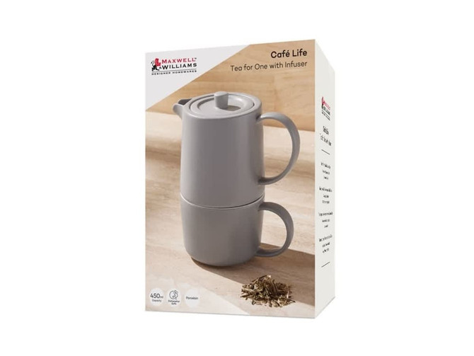 A grey tea for one set with an infuser, packaged in a gift box. Features a sleek, modern design.