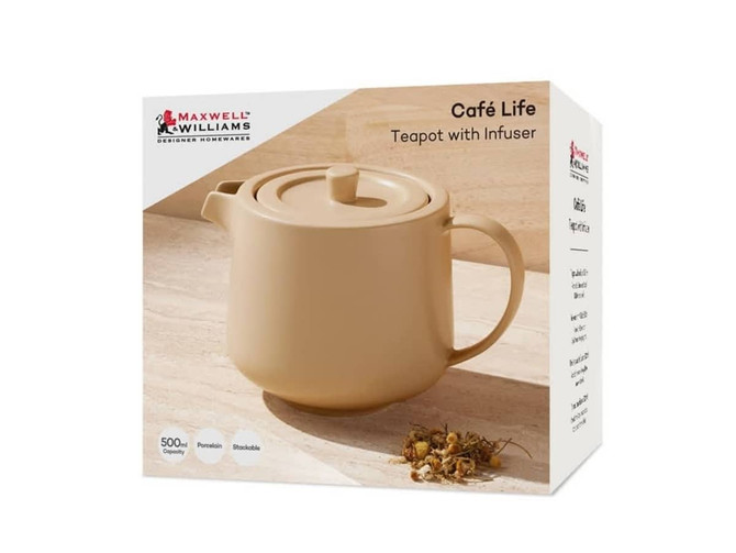 A beige teapot with infuser, placed in a gift box, featuring a logo on the packaging.
