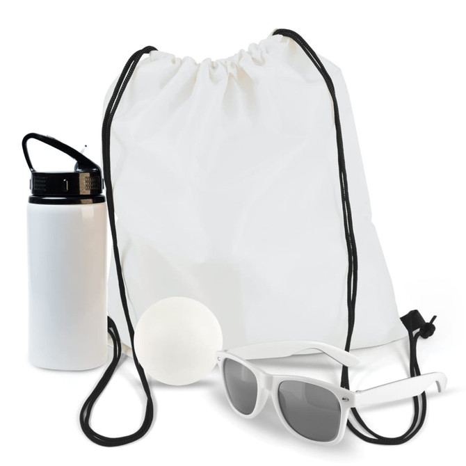A white drawstring bag with a white drink bottle, white sunglasses, and a white ball.