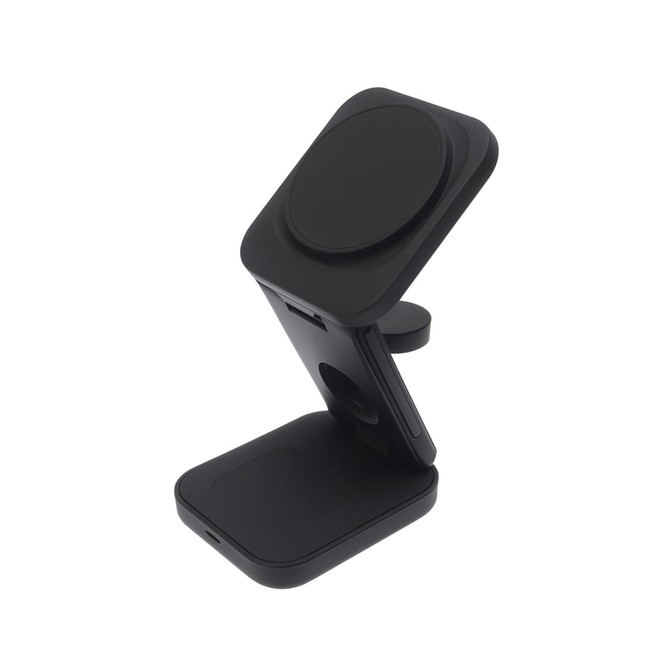 A black Spartan 3-in-1 wireless charger in a sleek design, featuring multiple charging surfaces and an adjustable stand.