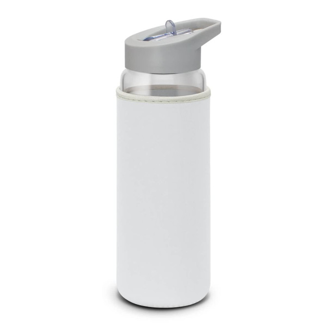 A drink bottle with a transparent glass body and a light grey neoprene sleeve. It features a flip-top lid and has a logo.