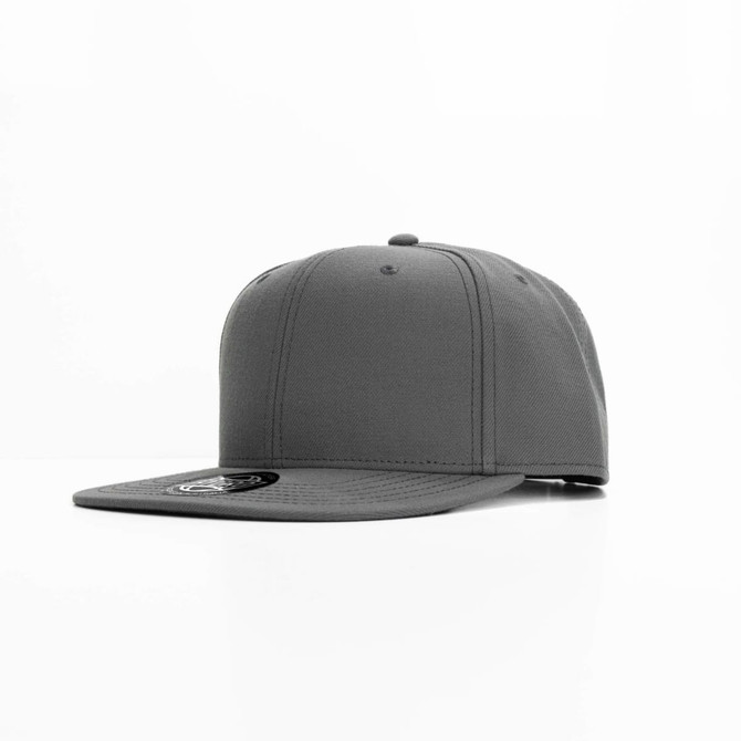 A grey cap featuring a structured design and a flat brim, with a logo on the side.