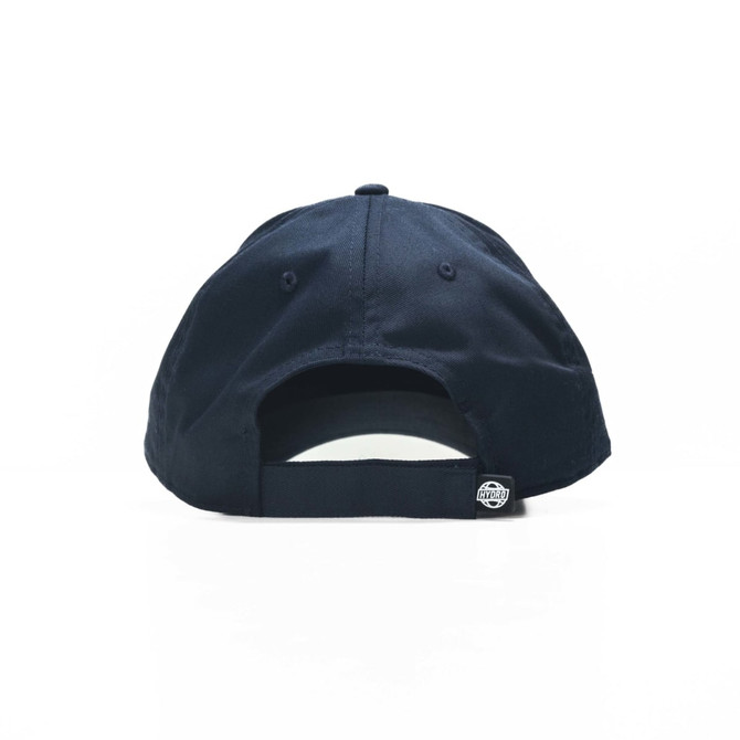 A dark blue cap with a rear strap and a small logo on the side.